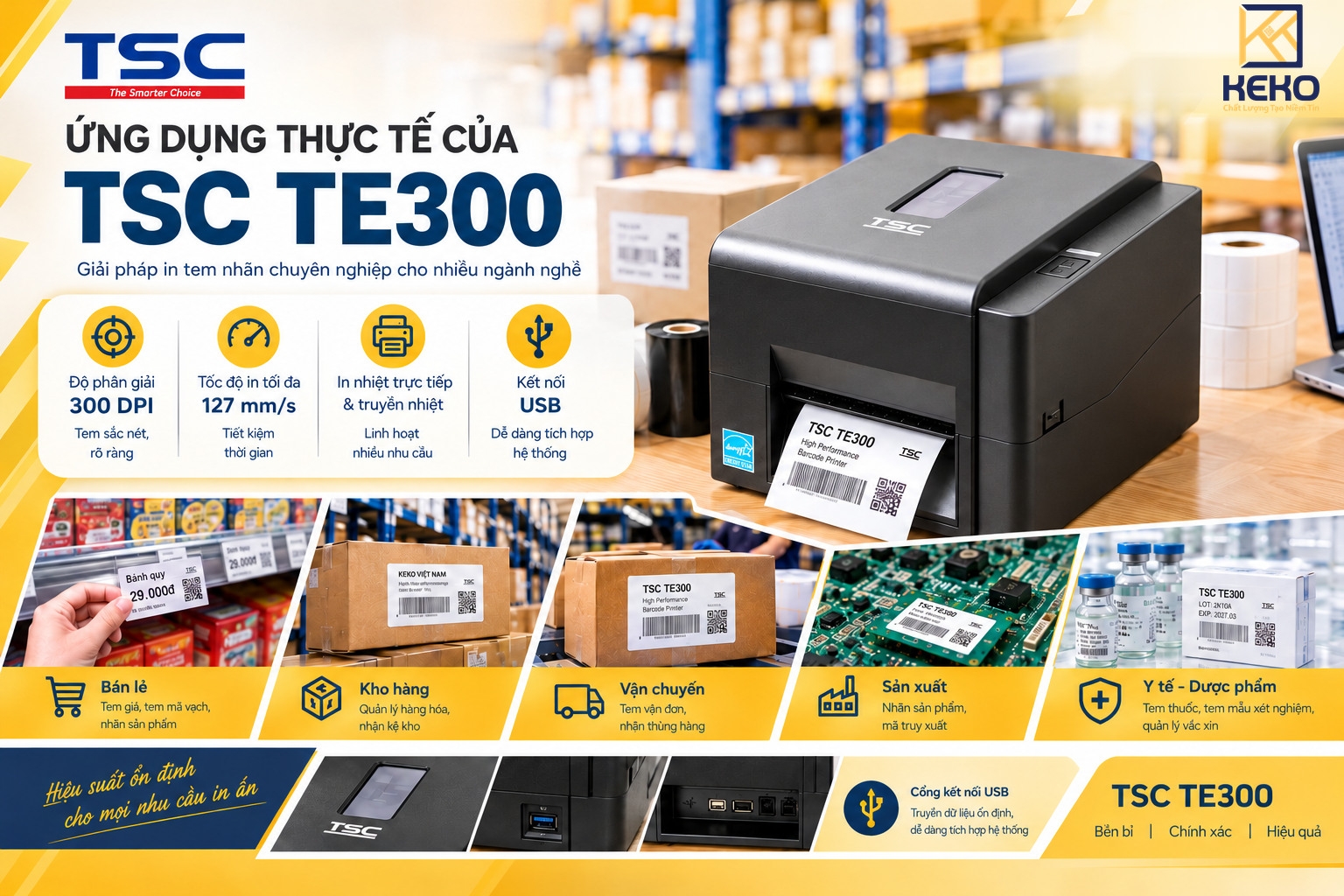 Ứng dụng máy in mã vạch TSC TE300 trong bán lẻ, kho hàng, vận chuyển và sản xuất