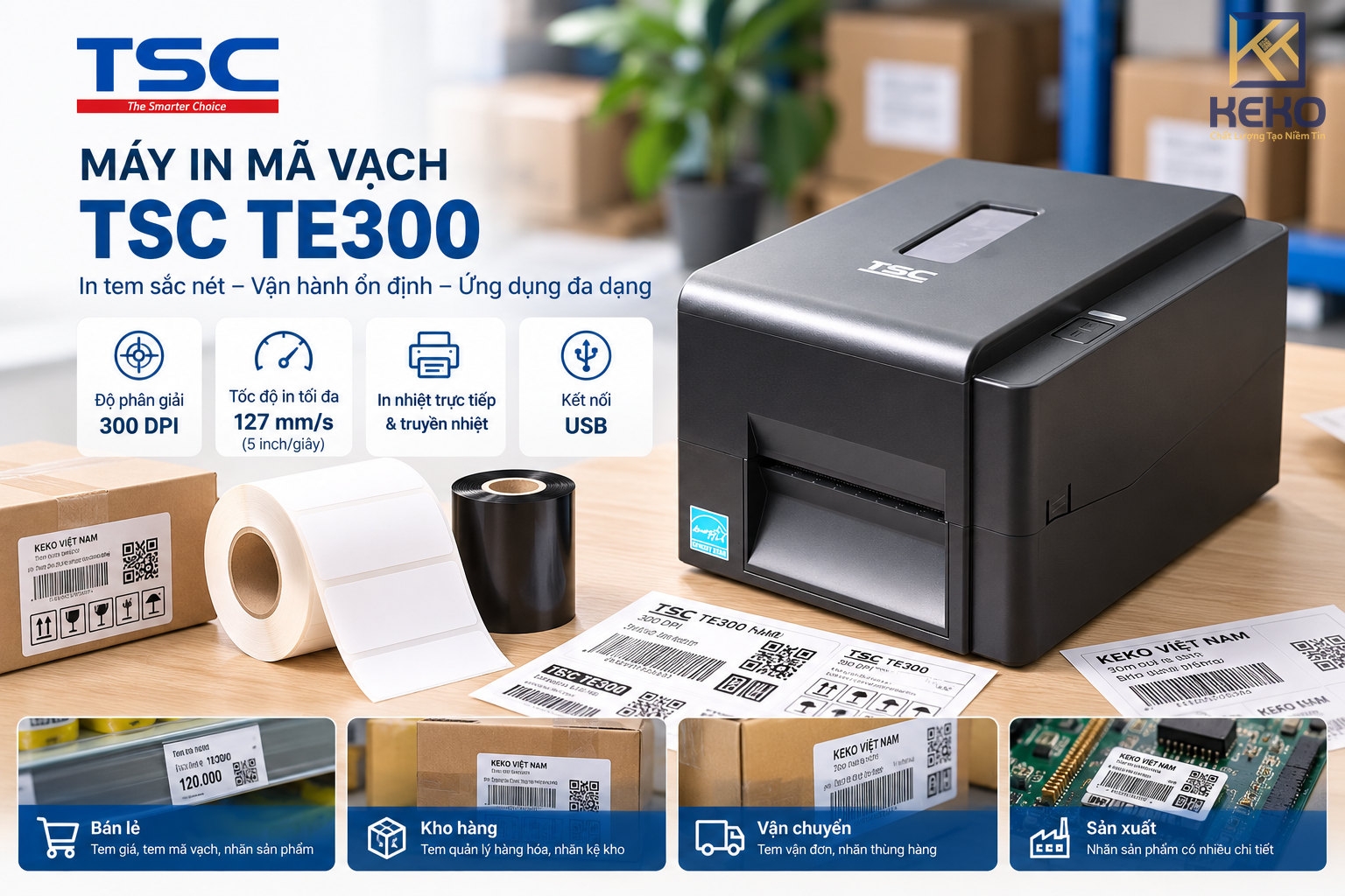 Máy in mã vạch TSC TE300 300 DPI tại KEKO